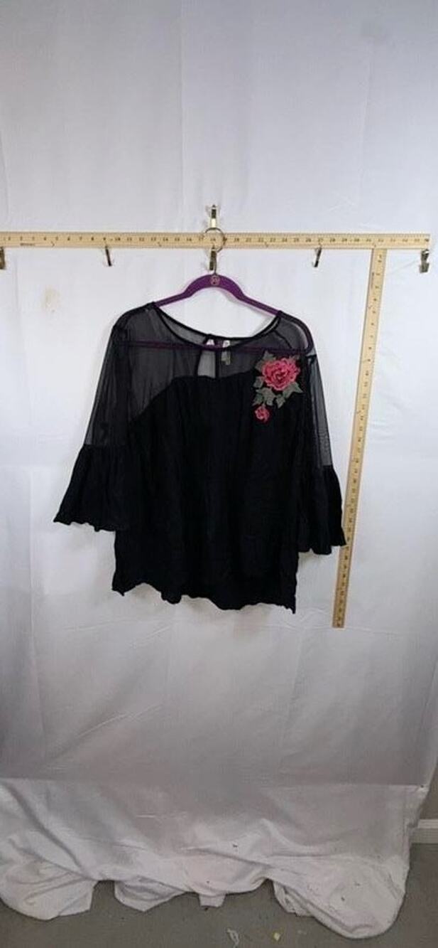 Truth NYC Womens 1X Blouse Black Mesh Illusion Rose Embroidered Ruffle Plus Top